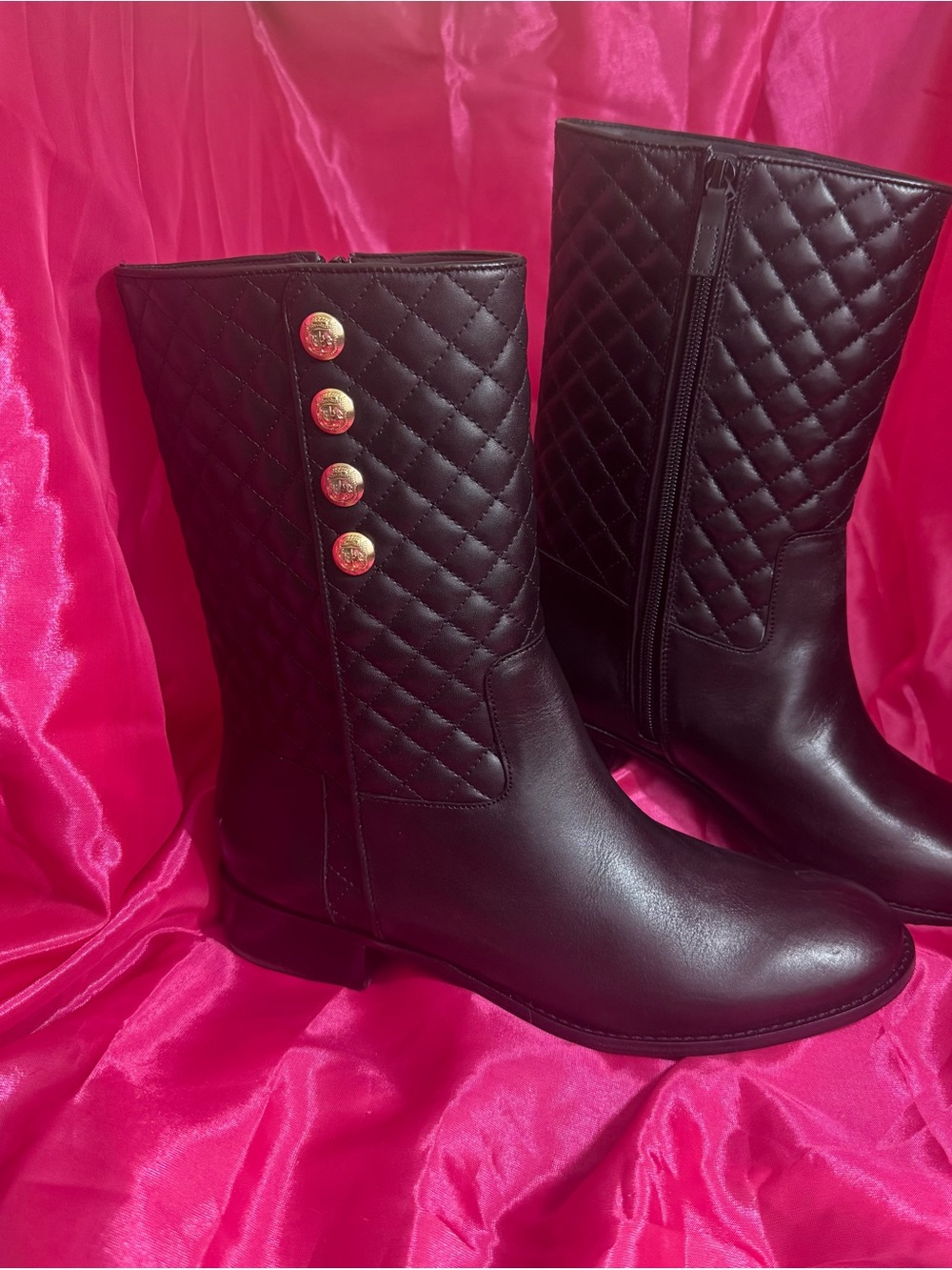 Quilted Mid-Calf Women's Black Boots with Gold Buttons